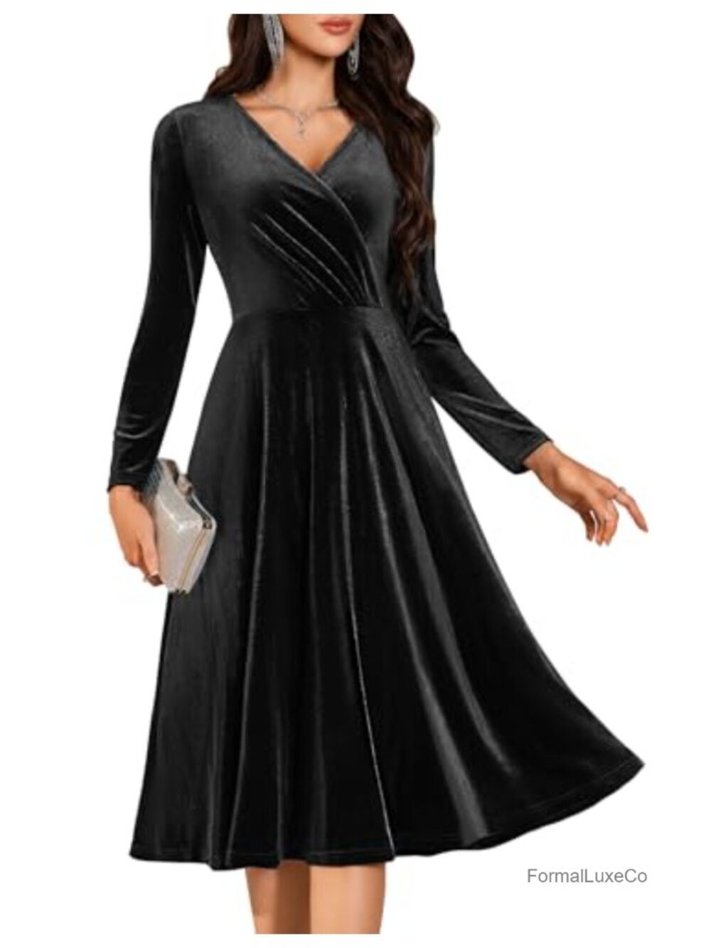 Velvet Cocktail Party Formal Midi Dress Long Sleeve Winter Wedding Guest A-Line